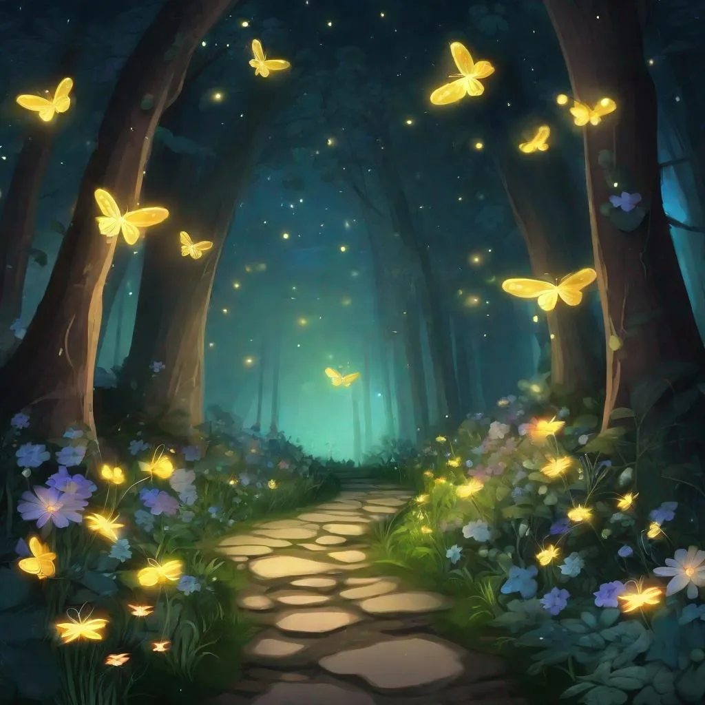 Prompt:  A pathway in the forest with fireflies and beautiful flowers 