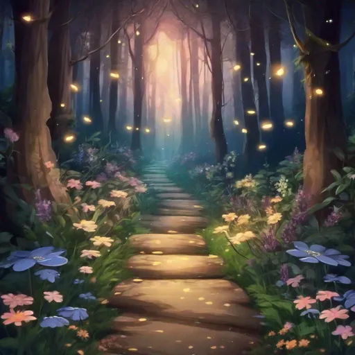 Prompt:  A pathway in the forest with fireflies and beautiful flowers 