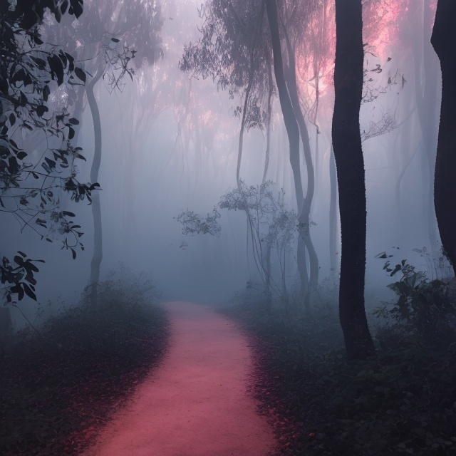 Prompt:  A pathway in the forest with pinkish fog and speckles of fireflys 