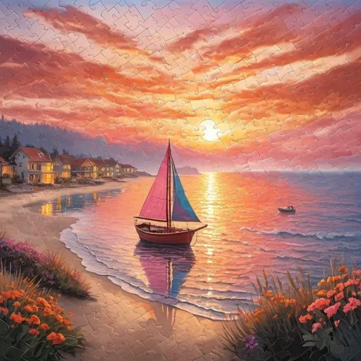 Prompt: on the balcony, mosaic colors, puzzle. As the first rays of sun touch the horizon, a patch of color fills the sky. A beach stretches in the distance, but the horizon is covered by a misty fog that envelops the entire scene. The sky is painted in shades of orange and pink, the wind whips through the air. A boat illuminated by the soft glow of a sunset. A puzzle decorated with intricate patterns and bright colors completes the enchanting scene.
