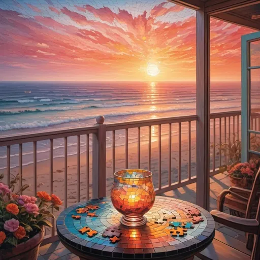 Prompt: Grim widow on the balcony, mosaic colors, jigsaw. As the first rays of sunlight kiss the horizon, a blur of colors fills the sky. In the distance, a beach stretches out, but the horizon is filled with a misty fog that envelops the entire scene. The sky is painted in shades of orange and pink, with the wind whipping through the air. In the distance, a glass floats on the beach, illuminated by the soft glow of a sunset. A jigsaw puzzle, decorated with intricate designs and vibrant colors, completes the enchanting scene.