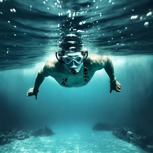 Prompt: New York under water man swimming through it


