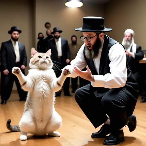 Prompt: a cat performing hip hop while a rabbi looks on in wonder