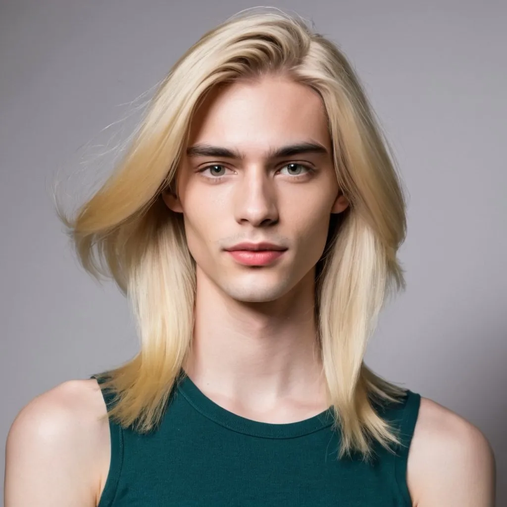 Prompt: Transgender model shoulder length hair can’t tell gender good
Looking blond