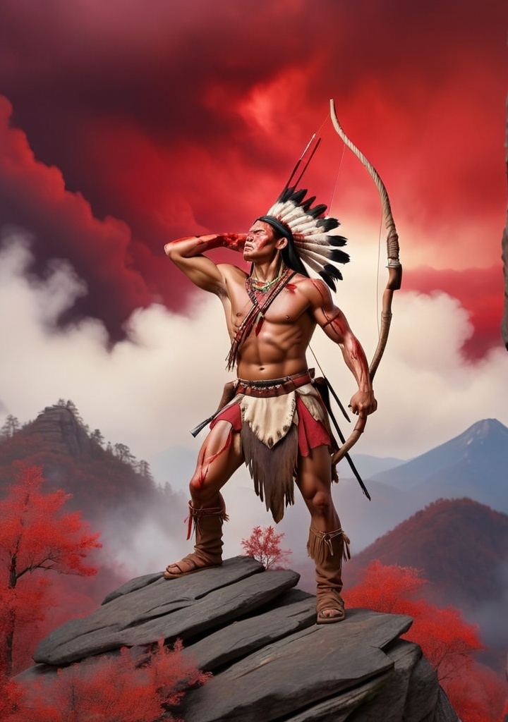 Prompt: A cherokee warrior raising his bow on top of a mountain with red bloody clouds background