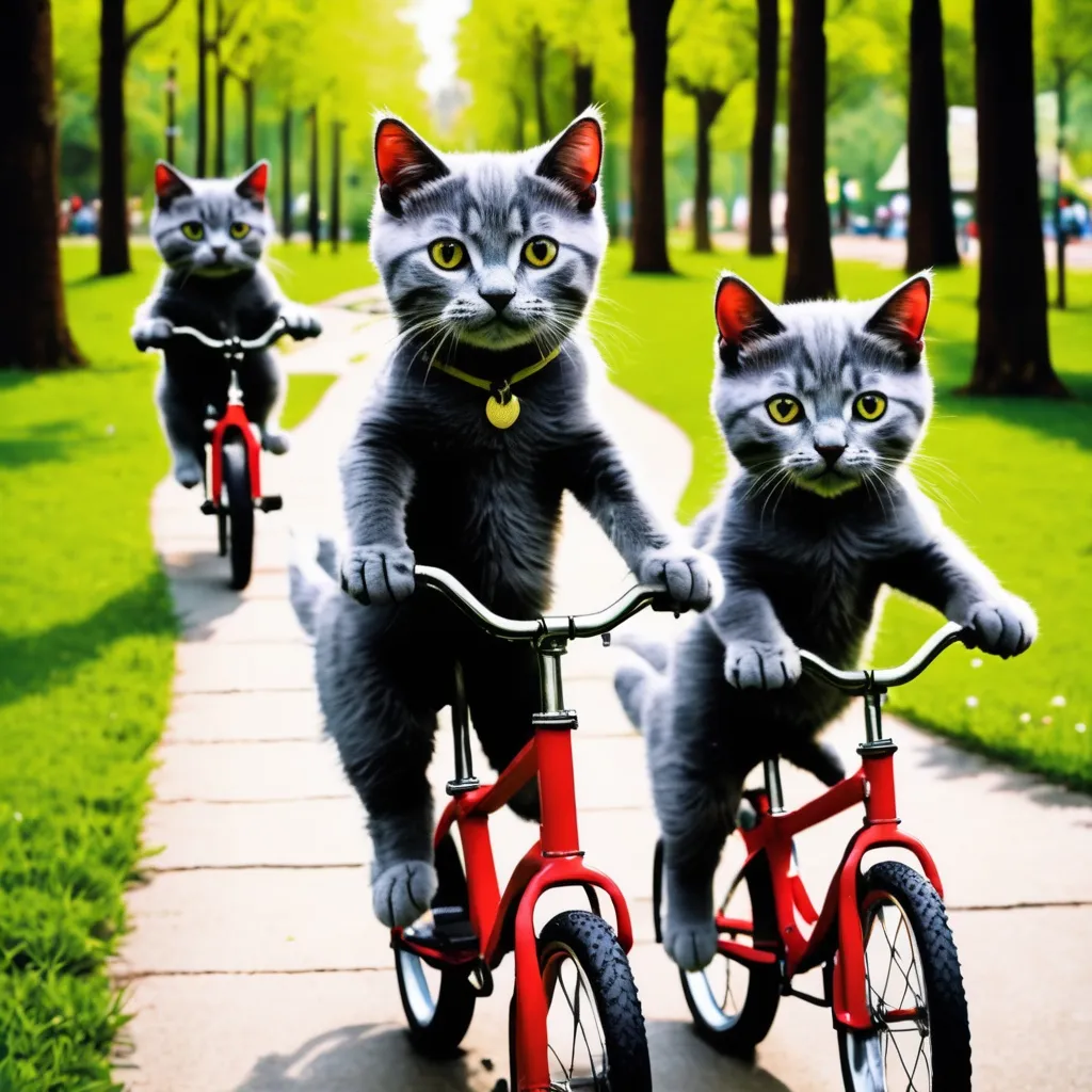 Prompt: grey kitty cats riding bikes through the park
