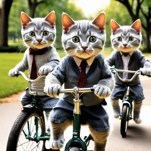 Prompt: grey kitty cats riding bikes through the park
