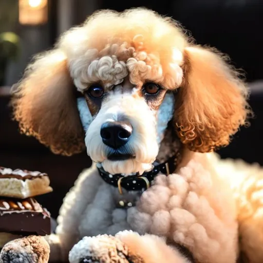 Prompt: Realistic illustration of a poodle made of smores, detailed fluffy fur with marshmallow texture, glistening chocolate eyes, high quality, realistic style, detailed smores texture, warm tones, soft and warm lighting, photorealism, golden lighting, warm and inviting atmosphere, high-res, detailed, realistic rendering