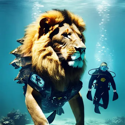 Prompt: a lion under water in a scuba suit