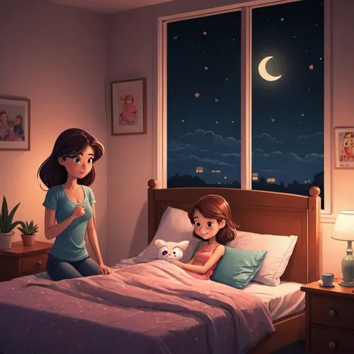 Prompt: night time in bedroom man with girl in cartoon