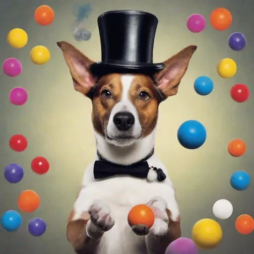 Prompt:  dog wearing a top hat  juggling balls

