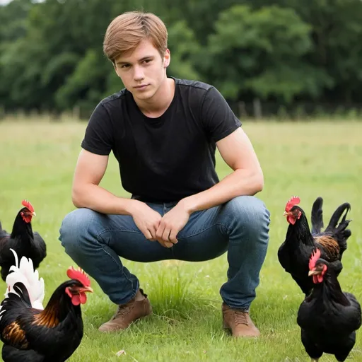 Prompt: a young man with a black shirt with jeans and surrounded by chickens in a grassy field and he has light  short brown hair
  
