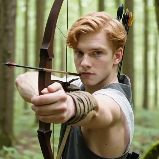 Prompt: a young man with strawberry blonde hair and a bow and arrow across his shoulders in the woods