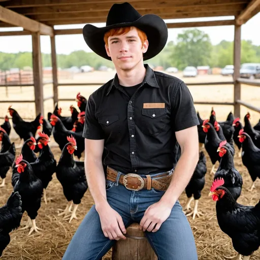 Prompt:  a young man with short red hair and black shirt and belt and jeans with cowboy boots and cowboy hat surrounded by chickens
  
