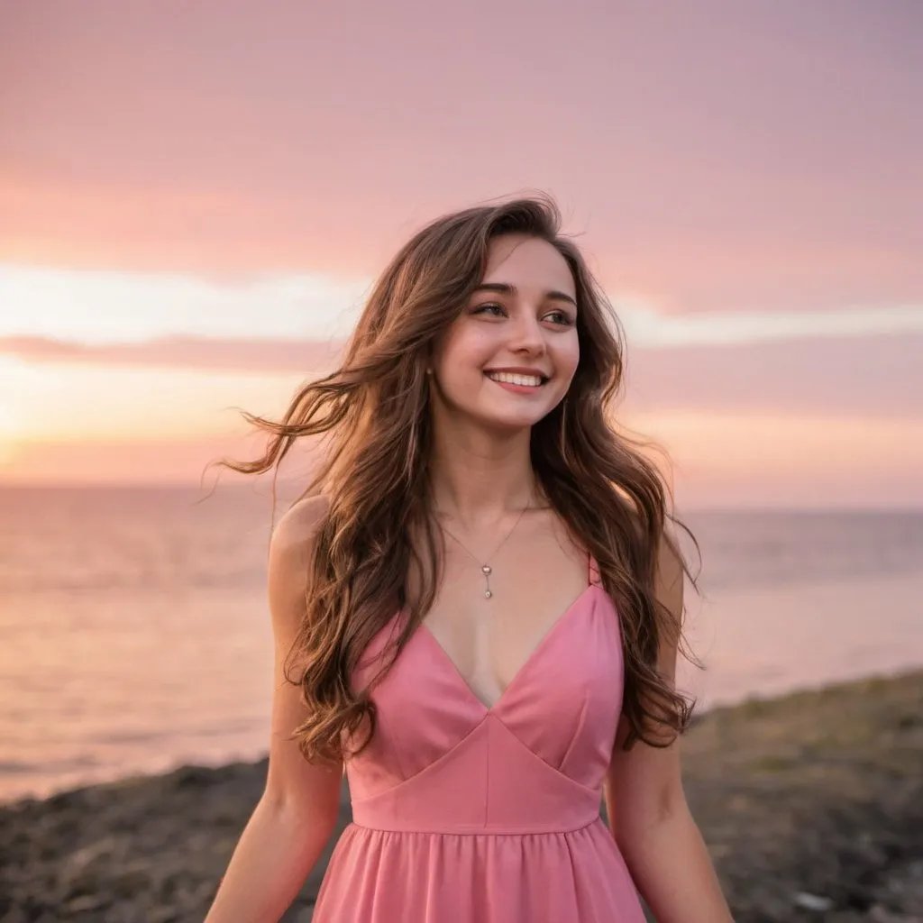 Prompt: a young woman with long wavey brown hair in a pink dress looking at the sunset with a smile 