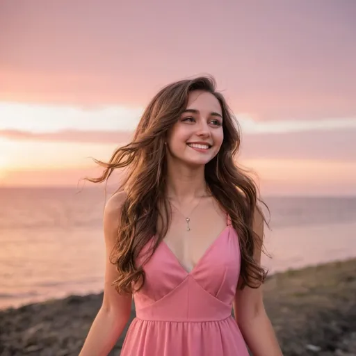 Prompt: a young woman with long wavey brown hair in a pink dress looking at the sunset with a smile 