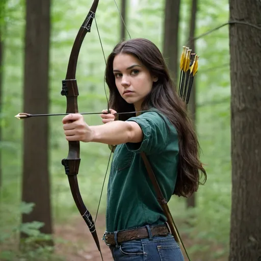 Prompt: a young woman with jeans and a dark green shirt with bow and arrow and she has long dark brown hair in the woods