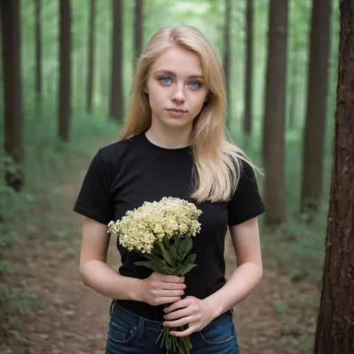 Prompt: a young woman with blue eyes and blond hair holding flowers in the woods and she has a black shirt with jeans.
