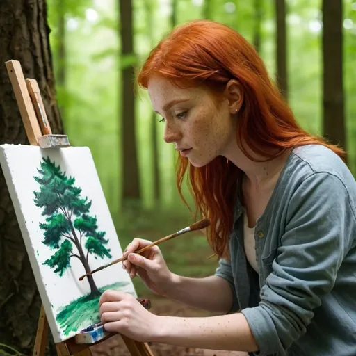 Prompt: a young woman has red hair and freckles is painting a picture of a tree in the woods