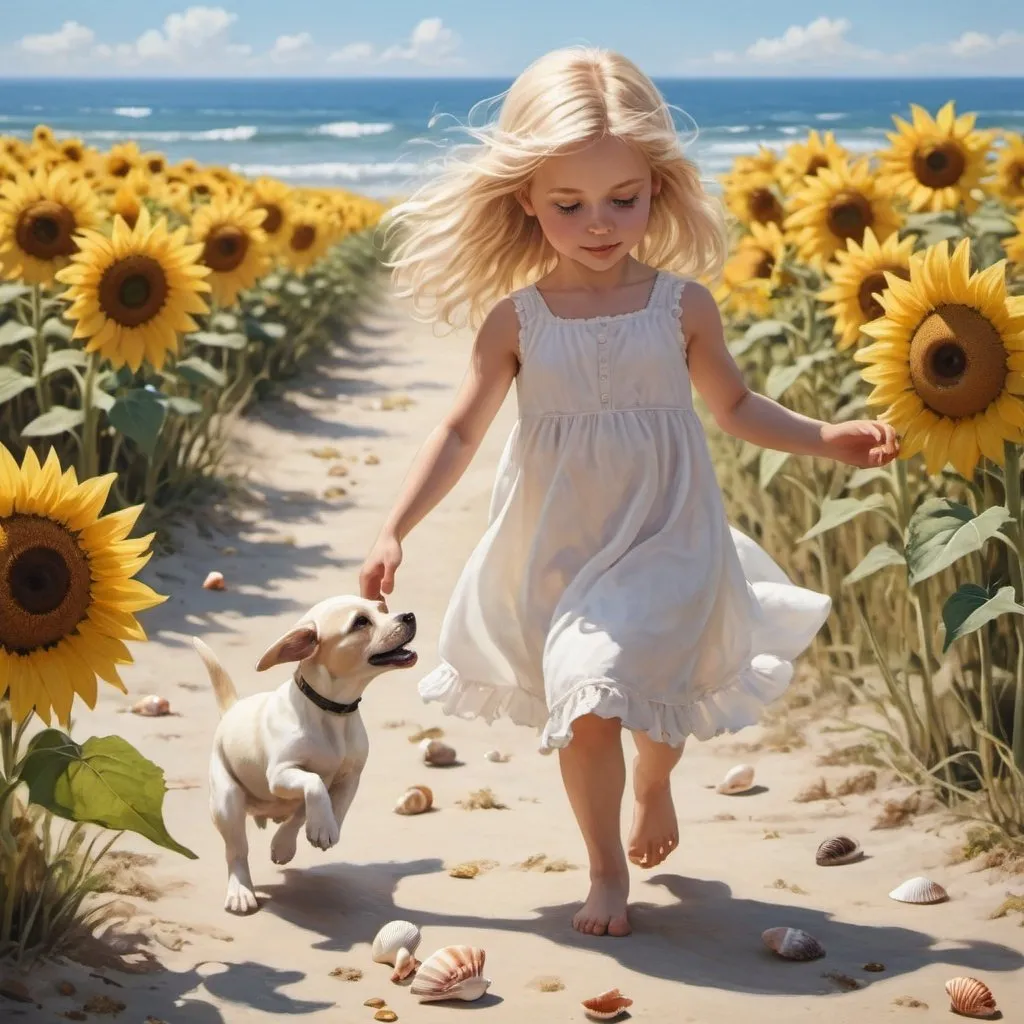 Prompt: a young girl who is blond and wearing a white dress with sunflowers on it is collecting seashells. and she has a little puppy running around her feet. 