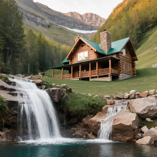 Prompt: a log cabin on a MOUNTAIN with a waterfall around it