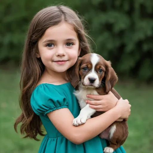 Prompt: a cute little girl with long brown hair and is wearing a teal dress and she's holding a cute little puppy 
