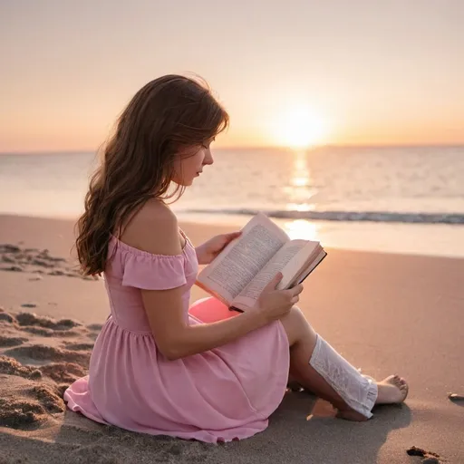 Prompt: a young woman sitting on a beach wearing a pink dress and she has brown hair and she is reading a book looking out at the sunset