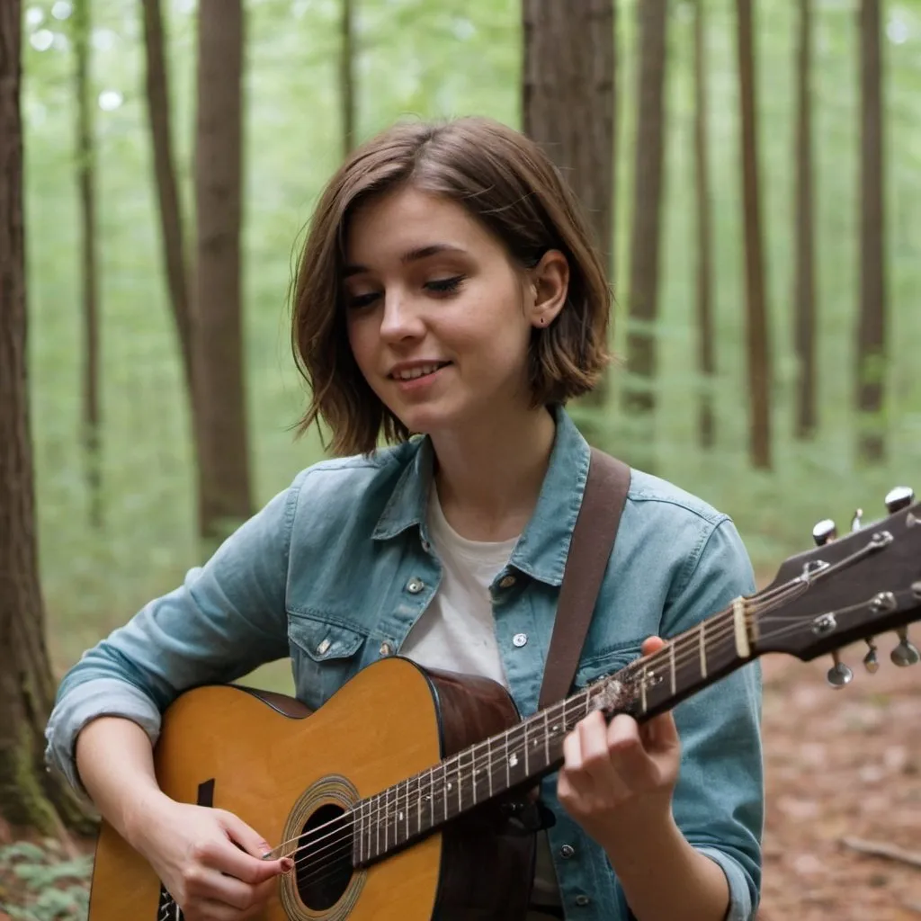 Prompt: a young woman with short brown hair and she has a guitar and she's playing it in the woods 