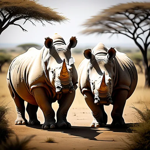 Prompt: A highly detailed and accurate portrayal of the last two northern white rhinos on Earth, Najin and Fatu, set against a natural African savannah background. Both rhinos should appear majestic, with graceful, intricate details highlighting their rough skin textures and powerful presence. Their names, 'Najin' and 'Fatu,' should be subtly integrated into the design in an elegant, natural font, perhaps carved into the ground or blending with the surrounding nature. The art style should be a balance of realism and artistic expression, perfect for a large print on a t-shirt— vibrant and captivating, with soft lighting casting a golden hue from the setting sun.