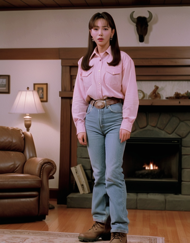 Prompt: still frame, 1990s movie, seola wjsn, wearing shirt pink, jeans, thick light brown steel toe hiking boots, american living room, arms held behind, cowboy