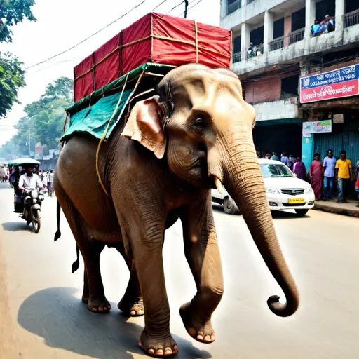 Prompt: elephant going on Dhaka town