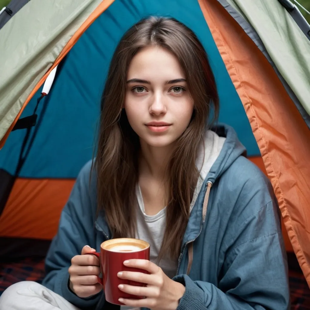 Prompt: photorealistic girl 25 years old, she is in a tent with casual clothes and hot coffee