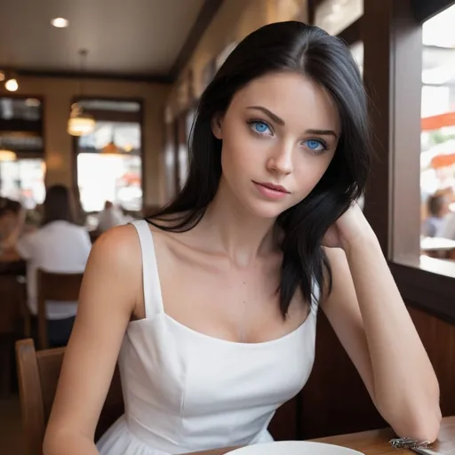 Prompt: hyperrealistic girl 25 years old, she has black hair and blue eyes. she is in a restaurant with food in front of her, whe wearing a white dress. she has a D cup