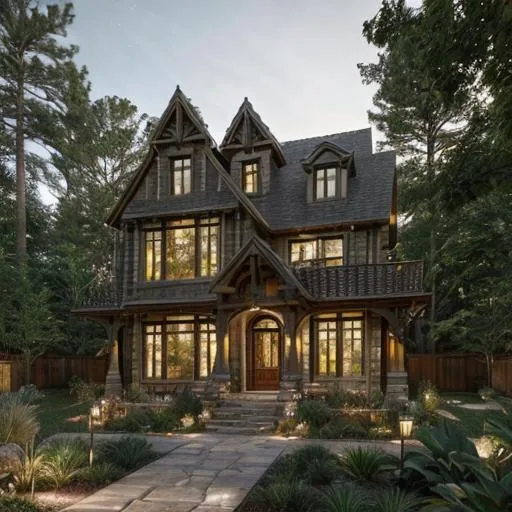 Prompt: Golden snitch-themed two-story modern house in the style of photorealistic, detailed vintage architecture, magical garden setting, nestled among trees, warm and cozy lighting, high quality, detailed, magical, vintage, whimsical, forest detailed architecture, cozy atmosphere