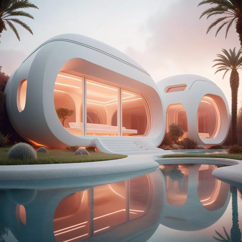 Prompt: Highly detailed cinematic 3D render of a futuristic architectural villa, glossy white geometric clay structure, artificial lighting, terra-cotta prairie landscaping, illuminated swimming pool, exotic daylight, foggy atmosphere, futuristic, 3D printed, clay material, architectural villa, glossy white, geometric design, cinematic, highly detailed, artificial lighting, terra-cotta landscaping, illuminated pool, exotic atmosphere, futuristic vibe