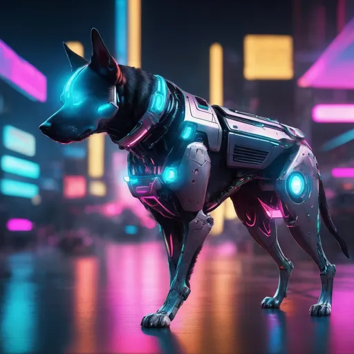 Prompt: Detailed cybernetic dog with futuristic enhancements, metallic and neon accents, glowing LED eyes, sleek and futuristic design, high-tech cybernetic materials, 4K, ultra-detailed, cyberpunk, futuristic, neon colors, intense and focused gaze, urban cybernetic setting, cool tones, atmospheric lighting, professional rendering
