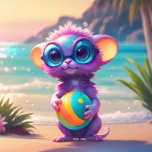 Prompt: Cute alien animal at the beach, digital painting, fluffy pastel fur, vibrant tropical setting, 4k ultra-detailed, cute cartoon, warm tones, soft sunlight, playful expression, exotic flowers, crystal clear water, relaxed atmosphere, professional, tropical lighting, playful splashing in the water, playing with a beach ball