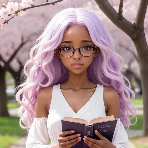 Prompt: A shy African American anime girl with long purple hair and glasses, wearing a white dress and holding a book - soft pastel colors and cherry blossom petals in the background.