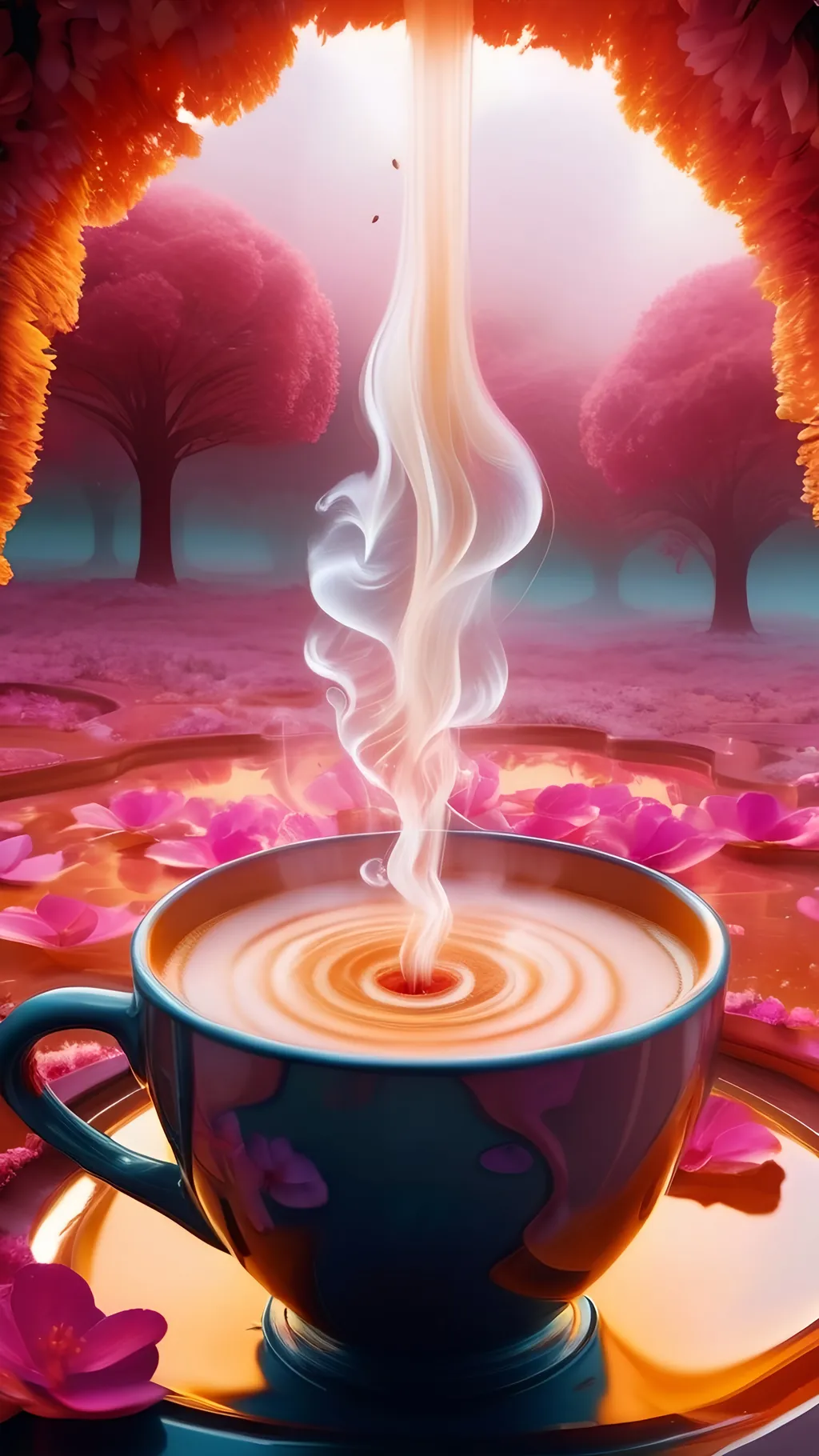 Prompt: Hot coffee disk florets emerging from the center of a flower, surreal digital art, high quality, dreamlike, steam rising from coffee disk florets, ethereal atmosphere, dreamy lighting, disk florets are a pool of hot coffee