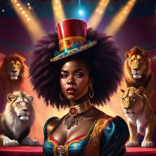 Prompt: African American woman with natural hair, ring Master, lion tammer, circus setting, detailed natural hair, circus theme, vibrant and colorful, detailed facial features, intense lighting, realistic style, bold and vibrant colors, high quality, digital painting, lively and energetic atmosphere, circus, detailed eyes, detailed hair, realistic, professional, vibrant tones, energetic lighting