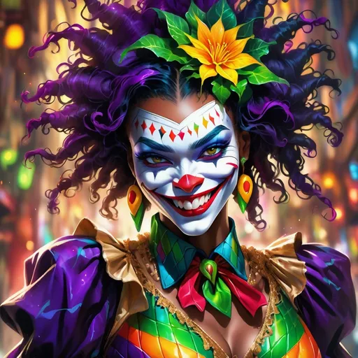 Prompt: Black female joker, digital painting, elaborate costume with vibrant colors and intricate details, mysterious smile, high energy, dynamic composition, high quality, digital painting, vibrant colors, intricate details, mysterious smile, dynamic composition, professional lighting