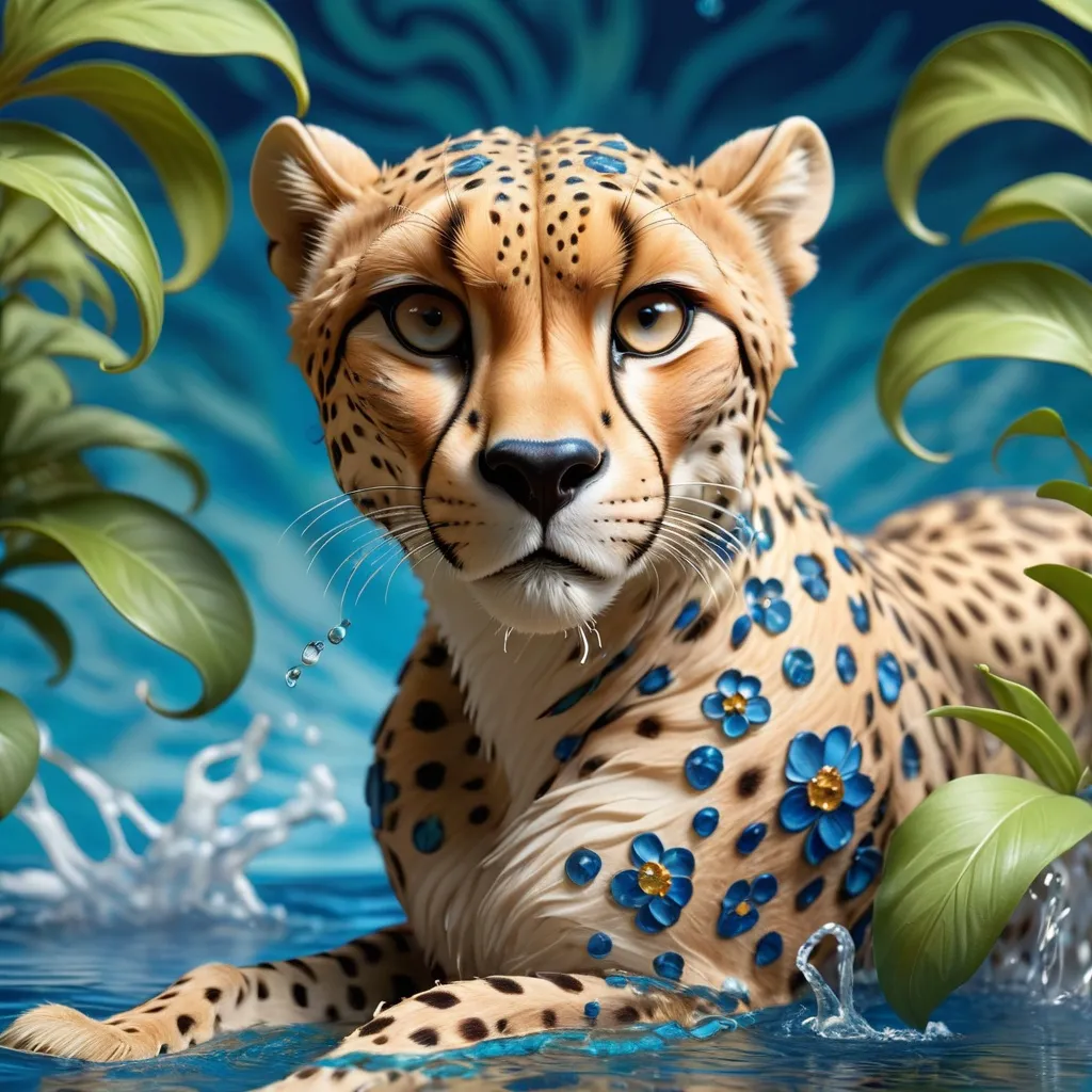 Prompt: Aerial view of a majestic cheetah gracefully splashing in sapphire blue waters, Art Nouveau style, detailed fur with elegant patterns, lush greenery surrounding the water, high quality, ultra-detailed, Art Nouveau, sapphire blue, majestic cheetah, graceful movement, splashing water, lush greenery, detailed fur, elegant patterns, aerial view, professional, atmospheric lighting