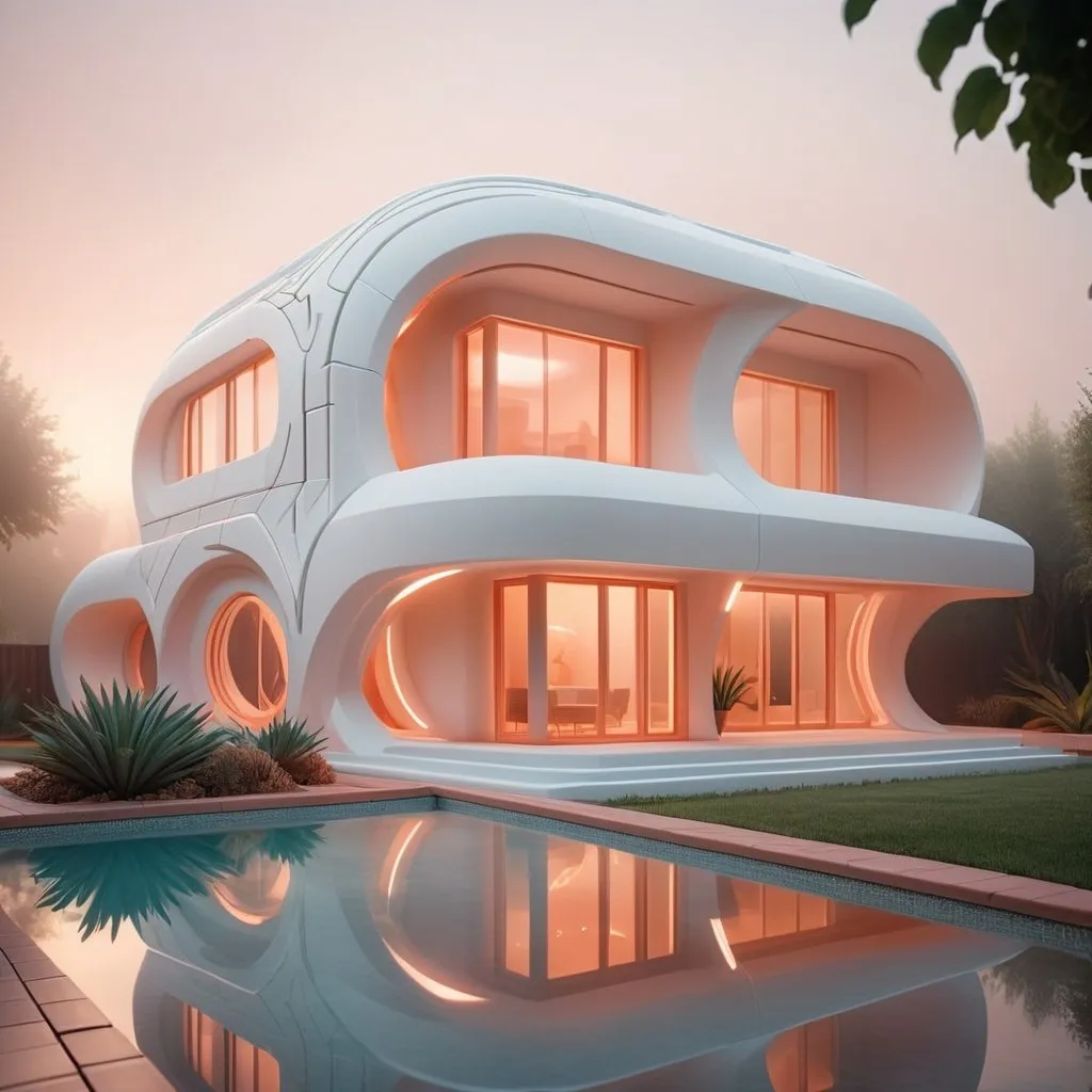 Prompt: Cinematic photo, highly detailed, Futuristic, 3D printed, clay, geometric, glossy white, architectural Villa, with artificial lighting, terra-cotta, prairie landscaping, illuminated swimming pool, daylight, exotic, foggy