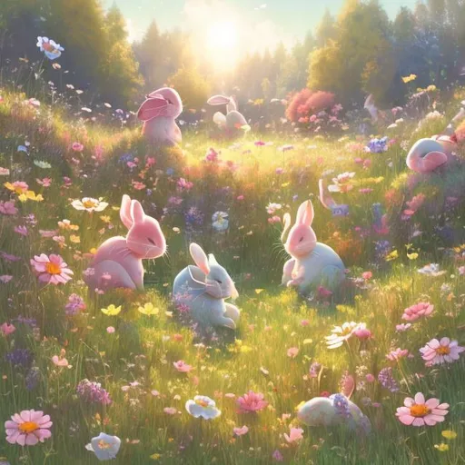 Prompt: Illustration of a peaceful meadow, vibrant flowers, playful bunnies, high quality, detailed, digital painting, cute and whimsical, pastel tones, soft natural lighting, detailed flowers, adorable bunnies, serene atmosphere