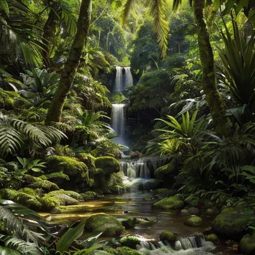 Prompt: Lush forest with vibrant foliage, sun-dappled canopy, diverse wildlife, high detail, realistic painting, naturalistic style, warm and soft lighting, vibrant green tones, waterfall, diverse animals, rich flora, detailed textures, realistic wildlife, high-quality painting, natural lighting