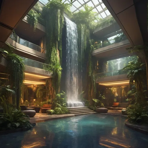 Prompt: Afro-futurism hotel lobby with biophilic waterfall, rich African cultural symbolism, vibrant colors, high-tech, ultra-detailed, highres, digital art, futuristic, cultural symbolism, atmospheric lighting, biophilic waterfall, vibrant colors, professional, African symbolism, high-tech, vibrant atmosphere, lush greenery, intricate cultural details, futuristic architecture