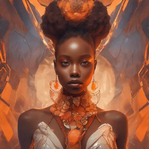 Prompt: African American girl in eco-friendly haute couture outfit, anime style, surrealism, Akira style, fine jewelry, ethereal environment, orange tones, high-quality, detailed design, surreal, eco-friendly, haute couture, anime style, Akira, fine jewelry, surrealism, detailed eyes, ethereal atmosphere, vibrant orange, professional, atmospheric lighting