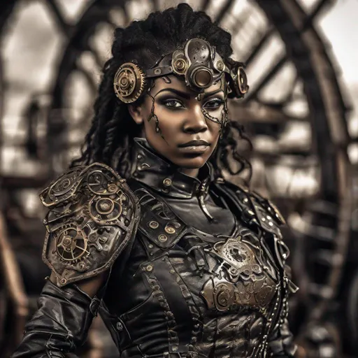 Prompt: Black female warrior, steam punk, detailed steampunk armor with intricate gears and cogs, fierce expression, mechanical enhancements, high contrast lighting, industrial background, confident stance, metal and leather materials, gritty and atmospheric, high quality, steampunk, detailed armor, intense gaze, industrial, confident, fierce, mechanical enhancements, high contrast lighting, warrior, black female