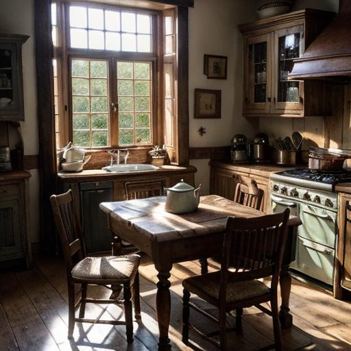 Prompt: Detailed illustration of The Dursley kitchen from Harry Potter, cozy and cluttered, warm and inviting atmosphere, old-fashioned country style, steaming teapot on the stove, mismatched chairs around a large wooden table, sunlight streaming through the window, vintage kitchenware, rich warm tones, soft natural lighting, high quality, detailed illustration, cozy atmosphere, vintage, warm colors, natural lighting