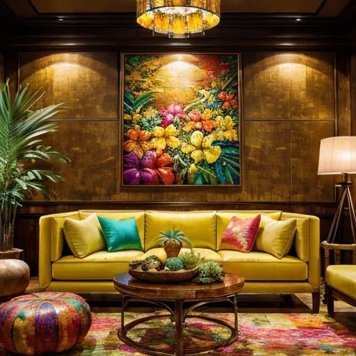 Prompt: Vibrant oil painting of a luxurious living room, thick impasto, tropical furniture, Hawaiian flowers, rich textures, high quality, interior decor, vivid colors, warm lighting, tropical theme, luxurious, vibrant colors, interior design, impasto, Hawaiian flowers, detailed, professional, warm and cozy atmosphere